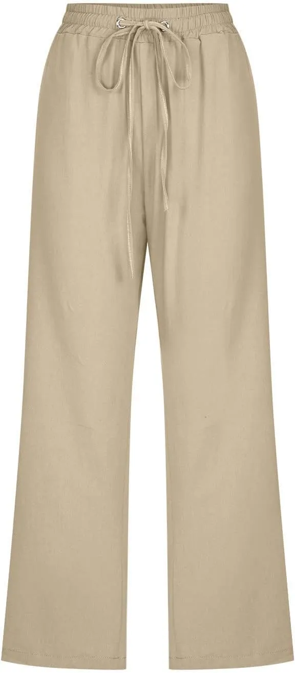 Capri Linen Pants for Women Trendy Wide Leg Palazzo Pant Summer Flowy Beach Pant Drawstring High Waist Casual Trousers