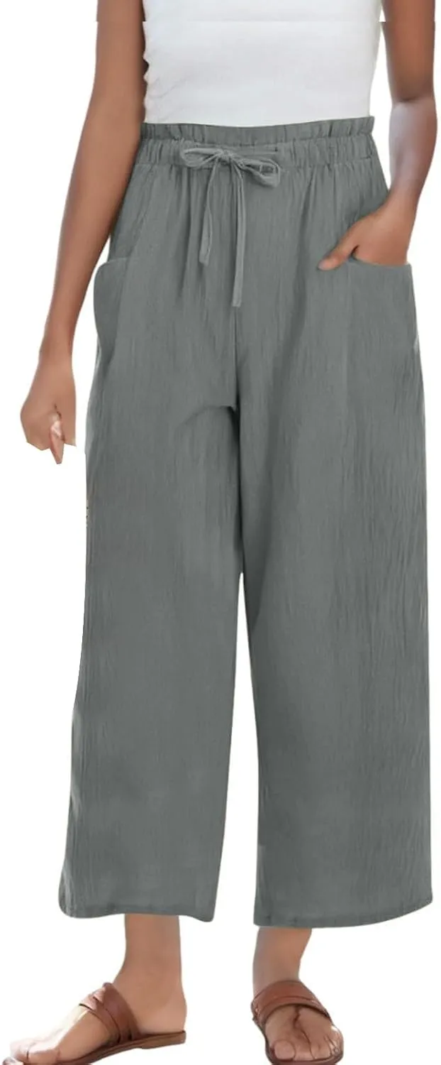 Capri Pants for Women Casual 2025 Summer Linen Pants Drawstring Elastic High Waist Wide Leg Lounge Cropped Trousers