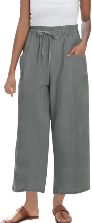 Capri Pants for Women Casual 2025 Summer Linen Pants Drawstring Elastic High Waist Wide Leg Lounge Cropped Trousers