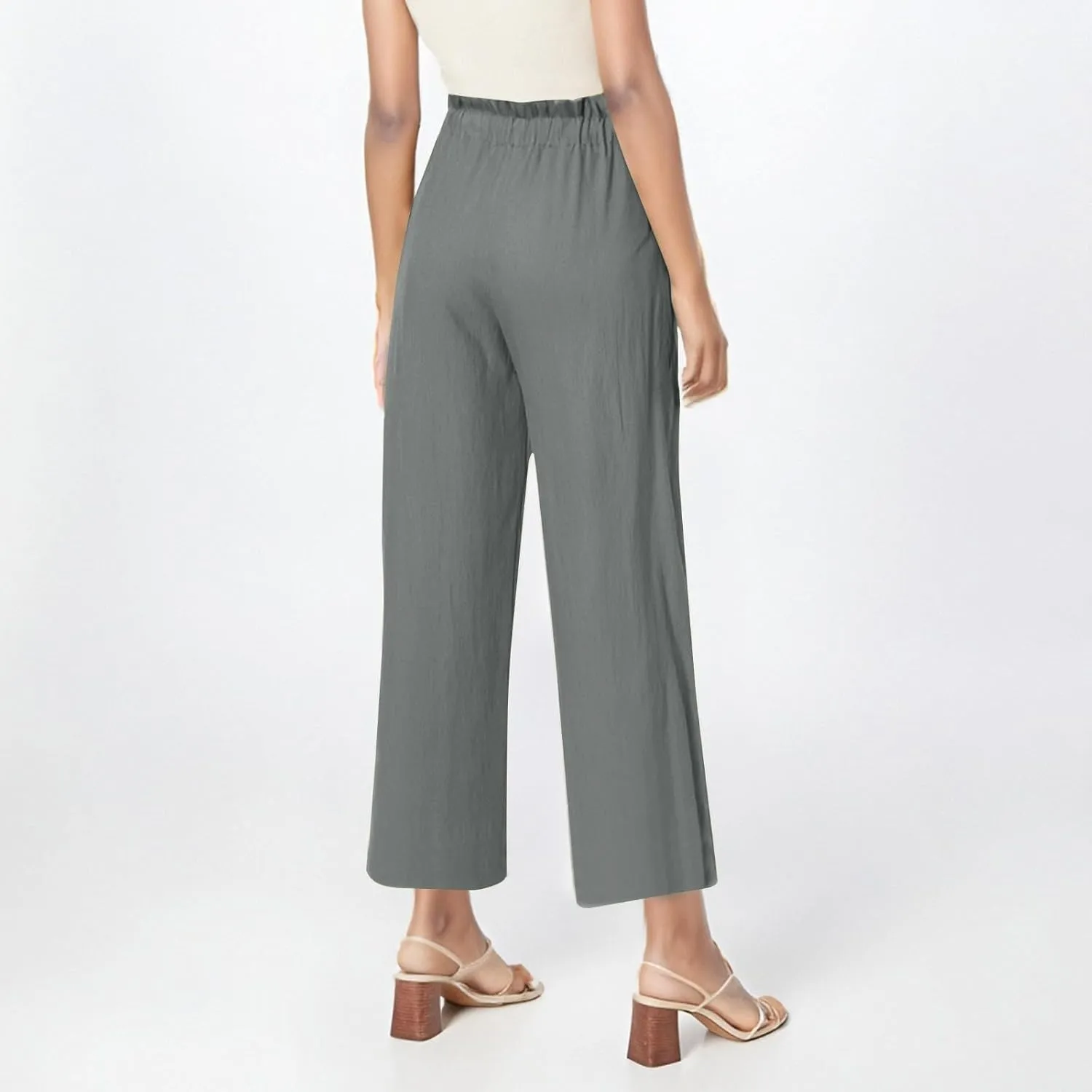Capri Pants for Women Casual 2025 Summer Linen Pants Drawstring Elastic High Waist Wide Leg Lounge Cropped Trousers
