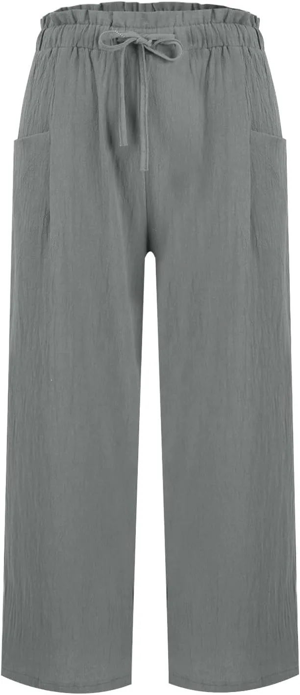 Capri Pants for Women Casual 2025 Summer Linen Pants Drawstring Elastic High Waist Wide Leg Lounge Cropped Trousers