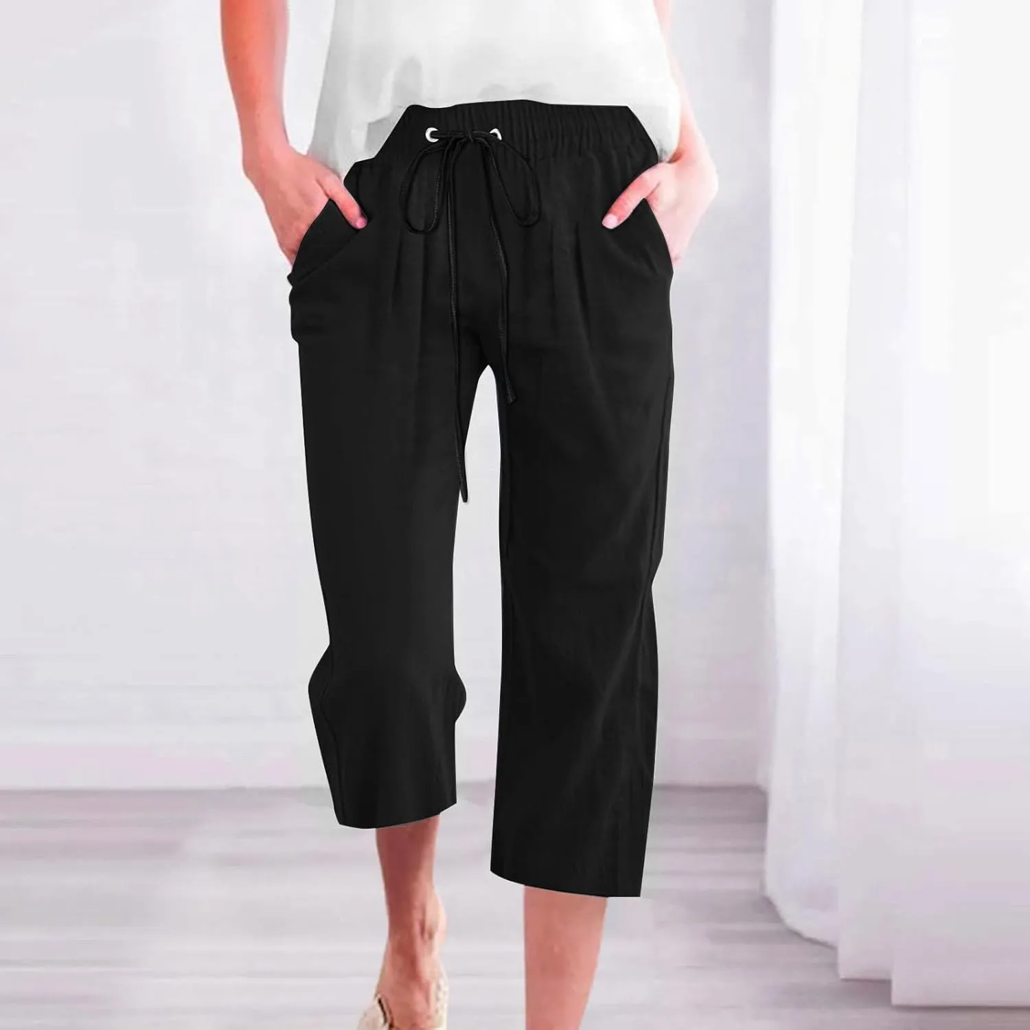Capri Pants for Women Casual Summer Cotton Linen Capris Drawstring Elastic High Waist Pants Loose Cropped Trouser