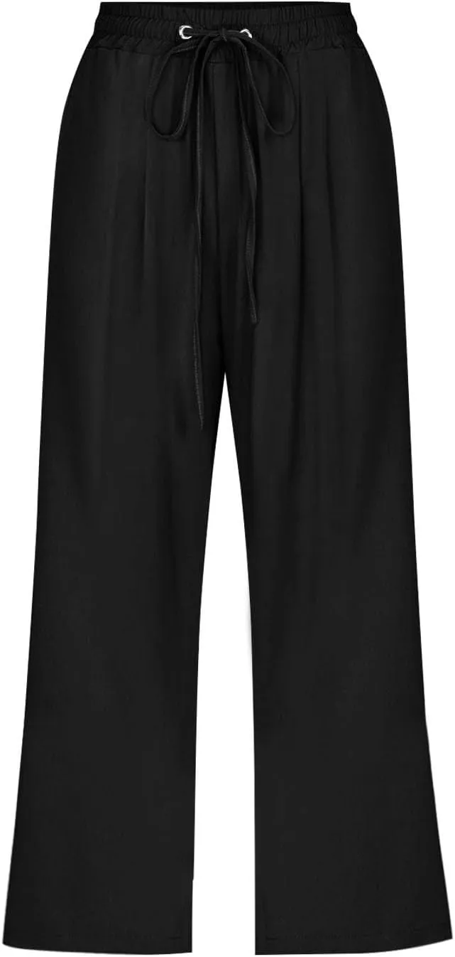 Capri Pants for Women Casual Summer Cotton Linen Capris Drawstring Elastic High Waist Pants Loose Cropped Trouser