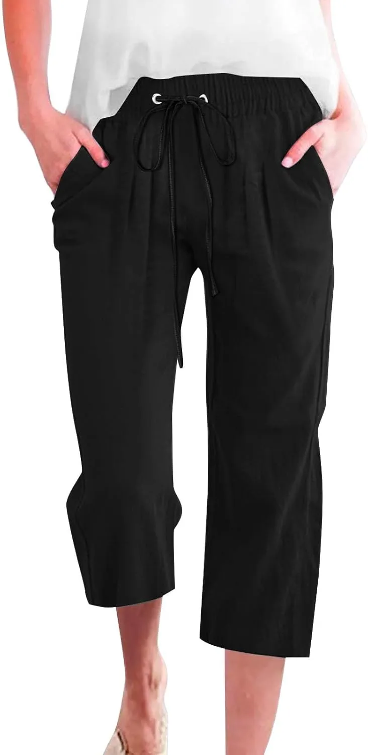 Capri Pants for Women Casual Summer Cotton Linen Capris Drawstring Elastic High Waist Pants Loose Cropped Trouser