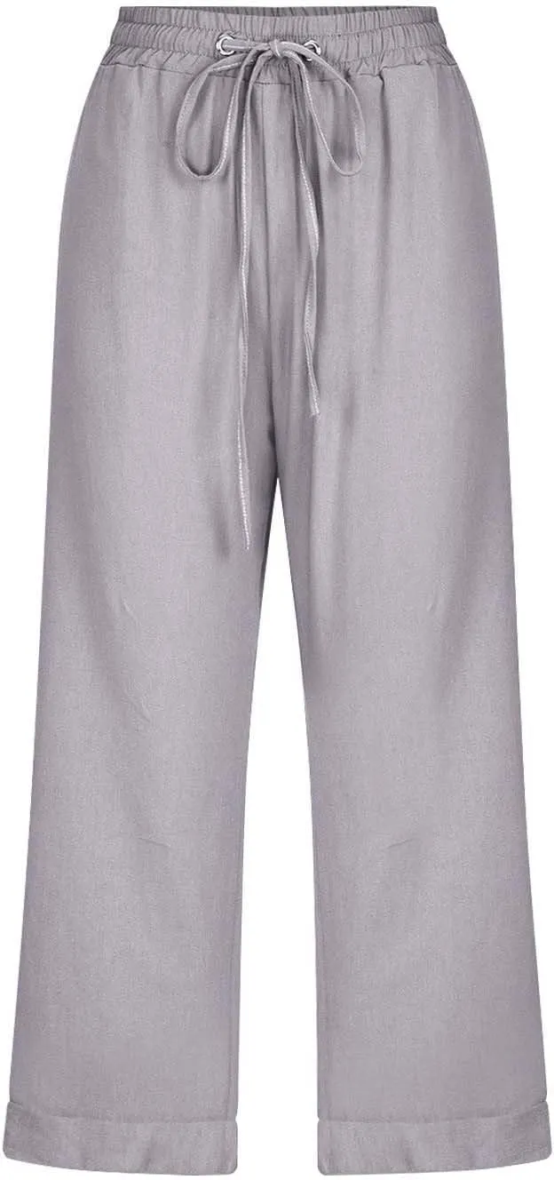 Capri Pants for Women Casual Summer Drawstring Elastic High Waist Linen Pant Straight Wide Leg Cropped Trouser