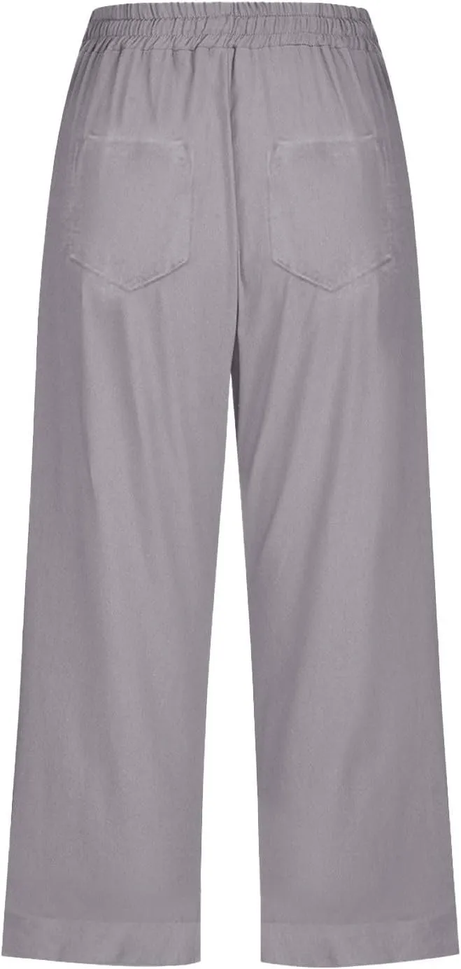 Capri Pants for Women Casual Summer Drawstring Elastic High Waist Linen Pant Straight Wide Leg Cropped Trouser