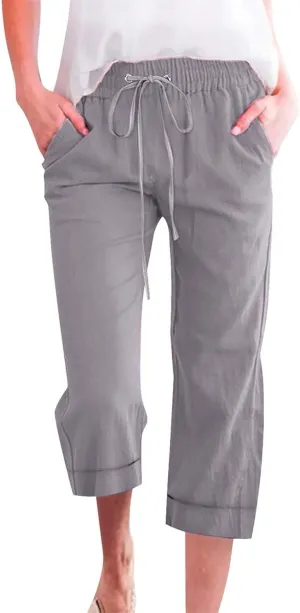 Capri Pants for Women Casual Summer Drawstring Elastic High Waist Linen Pant Straight Wide Leg Cropped Trouser