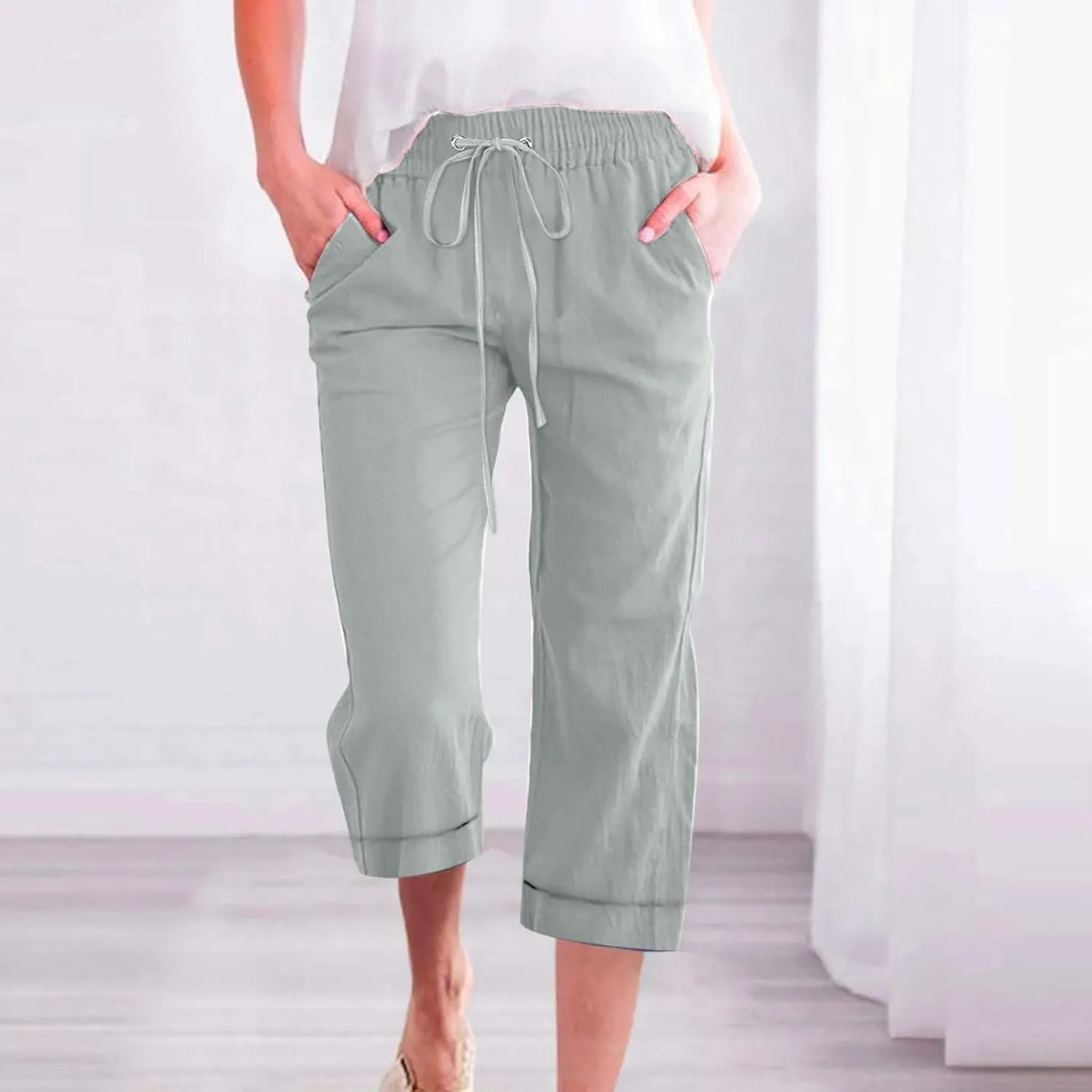 Capri Pants for Women Casual Summer Drawstring Elastic High Waist Linen Pant Straight Wide Leg Cropped Trouser
