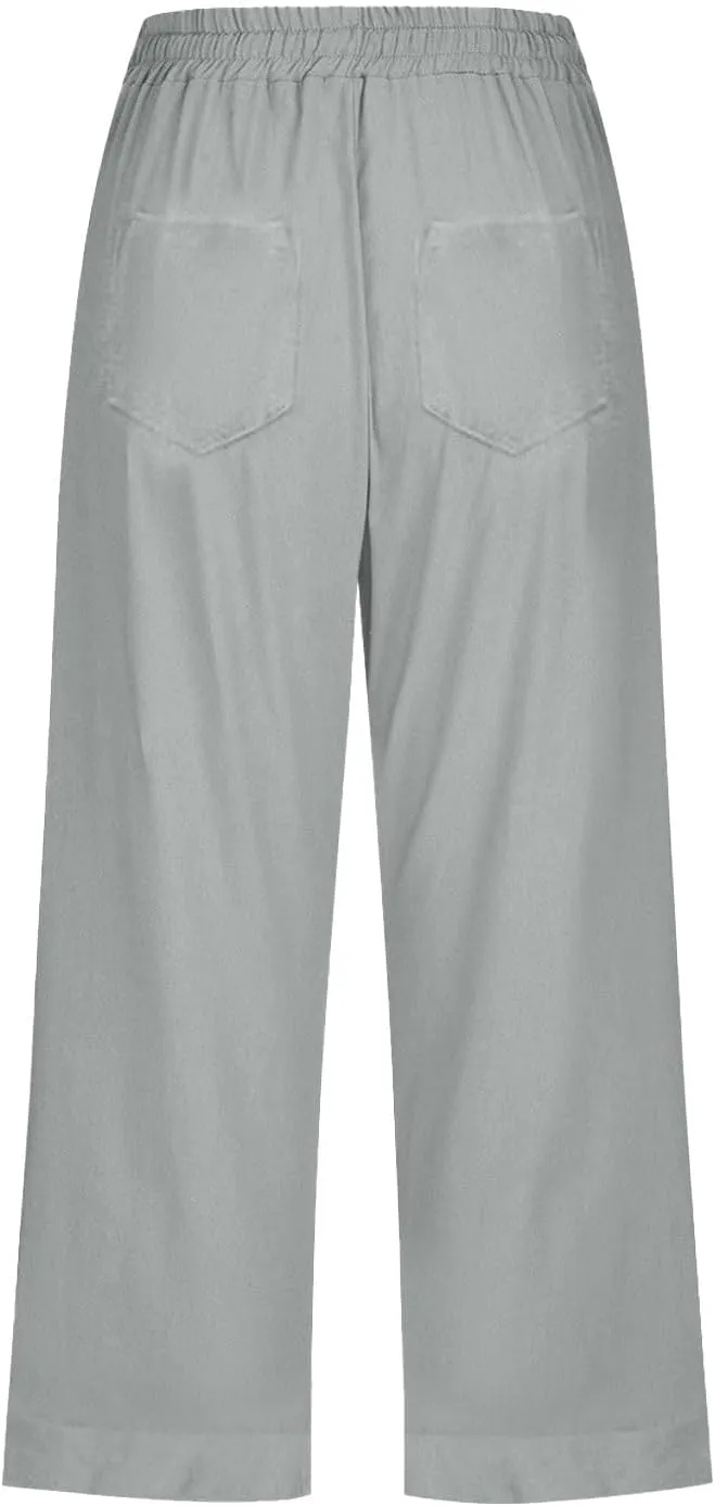 Capri Pants for Women Casual Summer Drawstring Elastic High Waist Linen Pant Straight Wide Leg Cropped Trouser