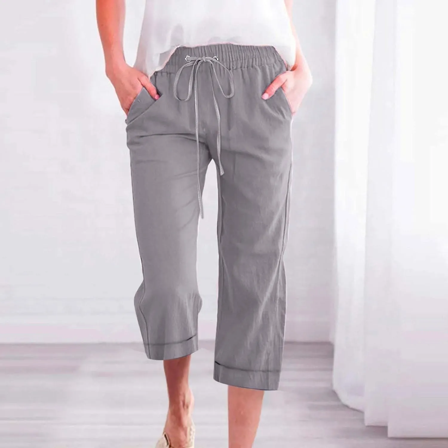 Capri Pants for Women Casual Summer Drawstring Elastic High Waist Linen Pant Straight Wide Leg Cropped Trouser