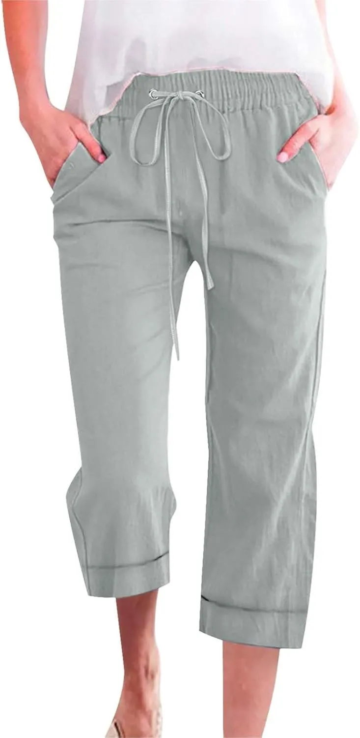 Capri Pants for Women Casual Summer Drawstring Elastic High Waist Linen Pant Straight Wide Leg Cropped Trouser