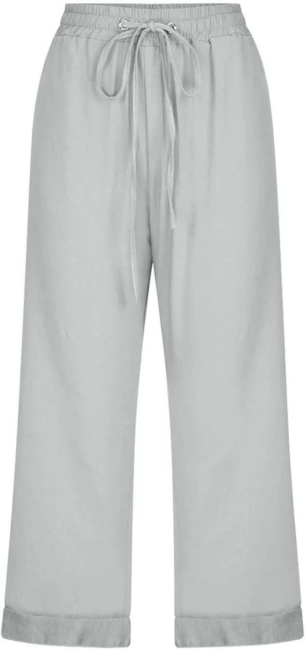 Capri Pants for Women Casual Summer Drawstring Elastic High Waist Linen Pant Straight Wide Leg Cropped Trouser