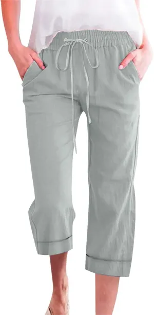 Capri Pants for Women Casual Summer Drawstring Elastic High Waist Linen Pant Straight Wide Leg Cropped Trouser