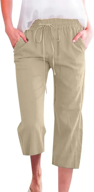 Capri Pants for Women Casual Summer Drawstring Elastic High Waist Linen Pants Straight Leg Plus Size Lounge Capris