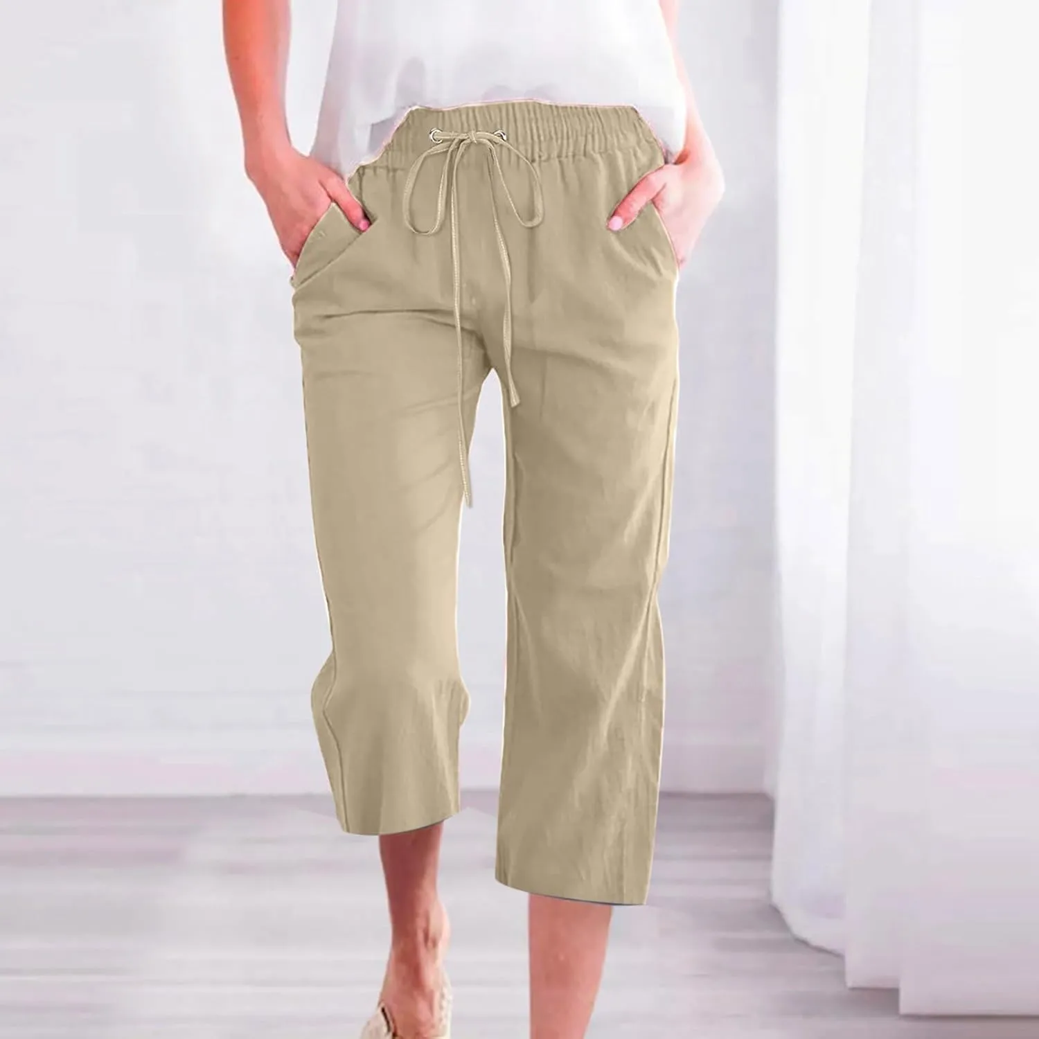 Capri Pants for Women Casual Summer Drawstring Elastic High Waist Linen Pants Straight Leg Plus Size Lounge Capris