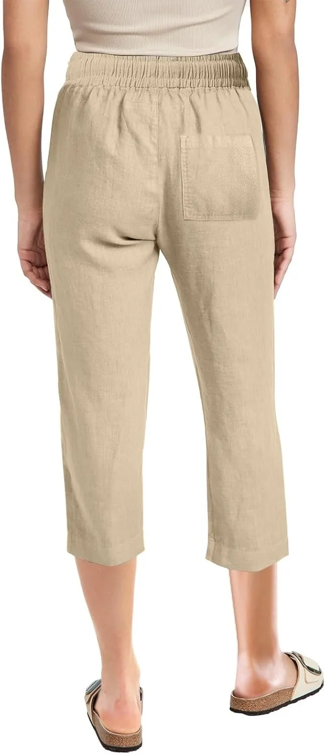 Capri Pants for Women Casual Summer Drawstring Elastic High Waist Linen Pants Straight Leg Plus Size Lounge Capris