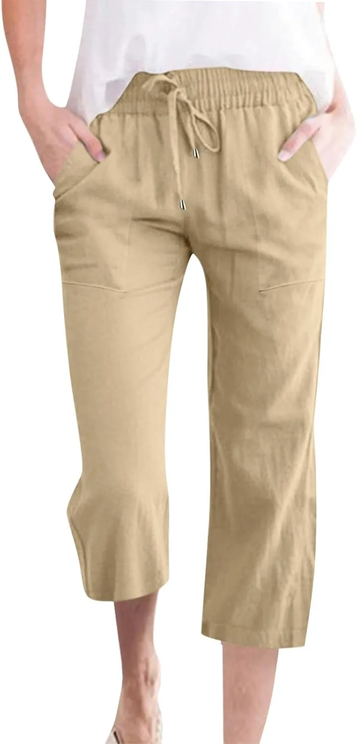Capri Pants for Women Casual Summer Drawstring Elastic High Waist Linen Pants Straight Leg Plus Size Lounge Capris