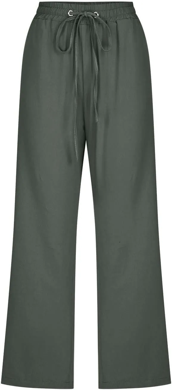 Capri Pants For Women Casual Summer Linen Elastic Waist Drawstring Pants Summer Lounge Plus Size Cropped Trousers