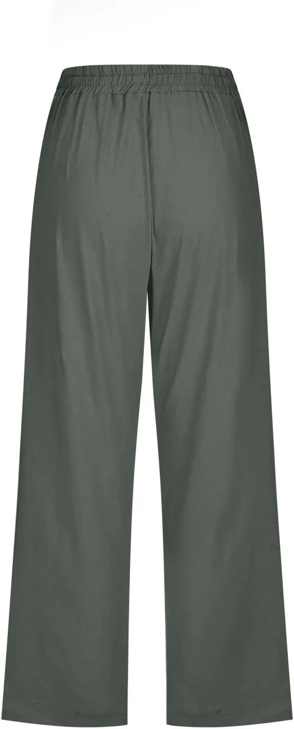 Capri Pants For Women Casual Summer Linen Elastic Waist Drawstring Pants Summer Lounge Plus Size Cropped Trousers