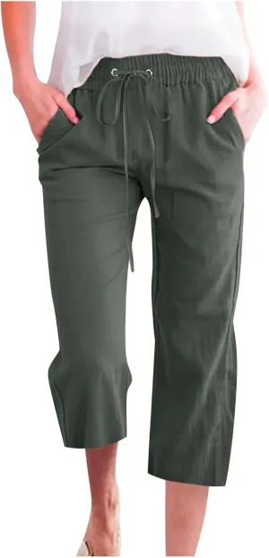 Capri Pants For Women Casual Summer Linen Elastic Waist Drawstring Pants Summer Lounge Plus Size Cropped Trousers