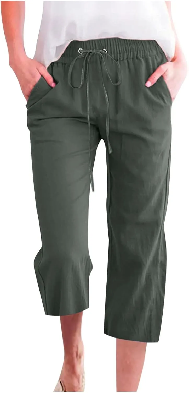 Capri Pants For Women Casual Summer Linen Elastic Waist Drawstring Pants Summer Lounge Plus Size Cropped Trousers