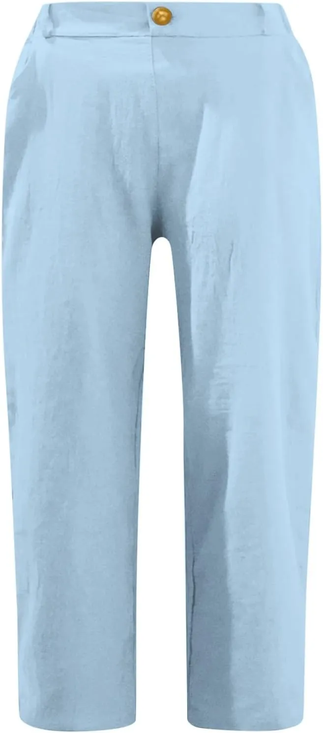 Capri Pants for Women Summer Casual Lounge Straight Leg Pants Cropped Cotton Linen Comfy Baggy Trousers with