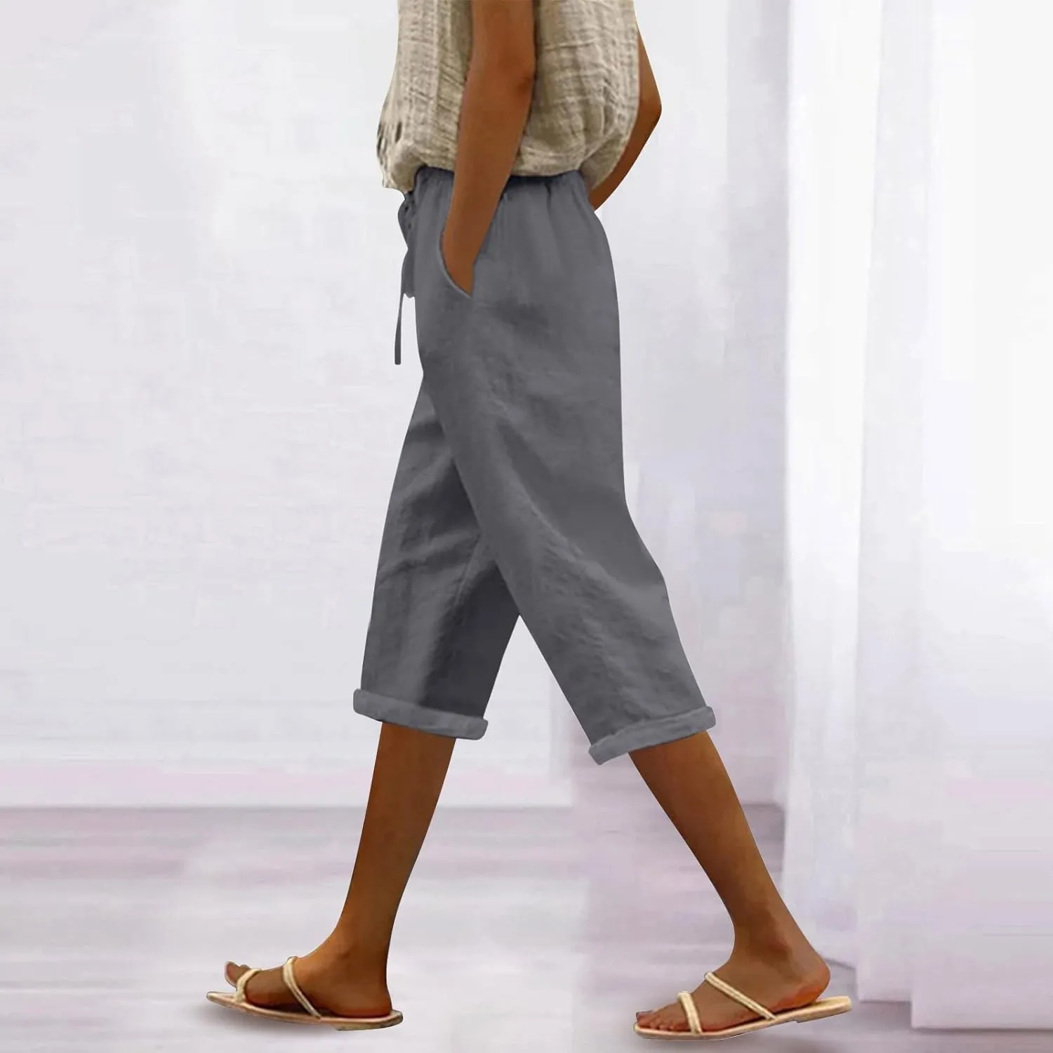 Capris Pants for Women Color Cotton Linen Elastic Seven Pants Beach Casual Pants Linen Baggy Comfort Trousers with