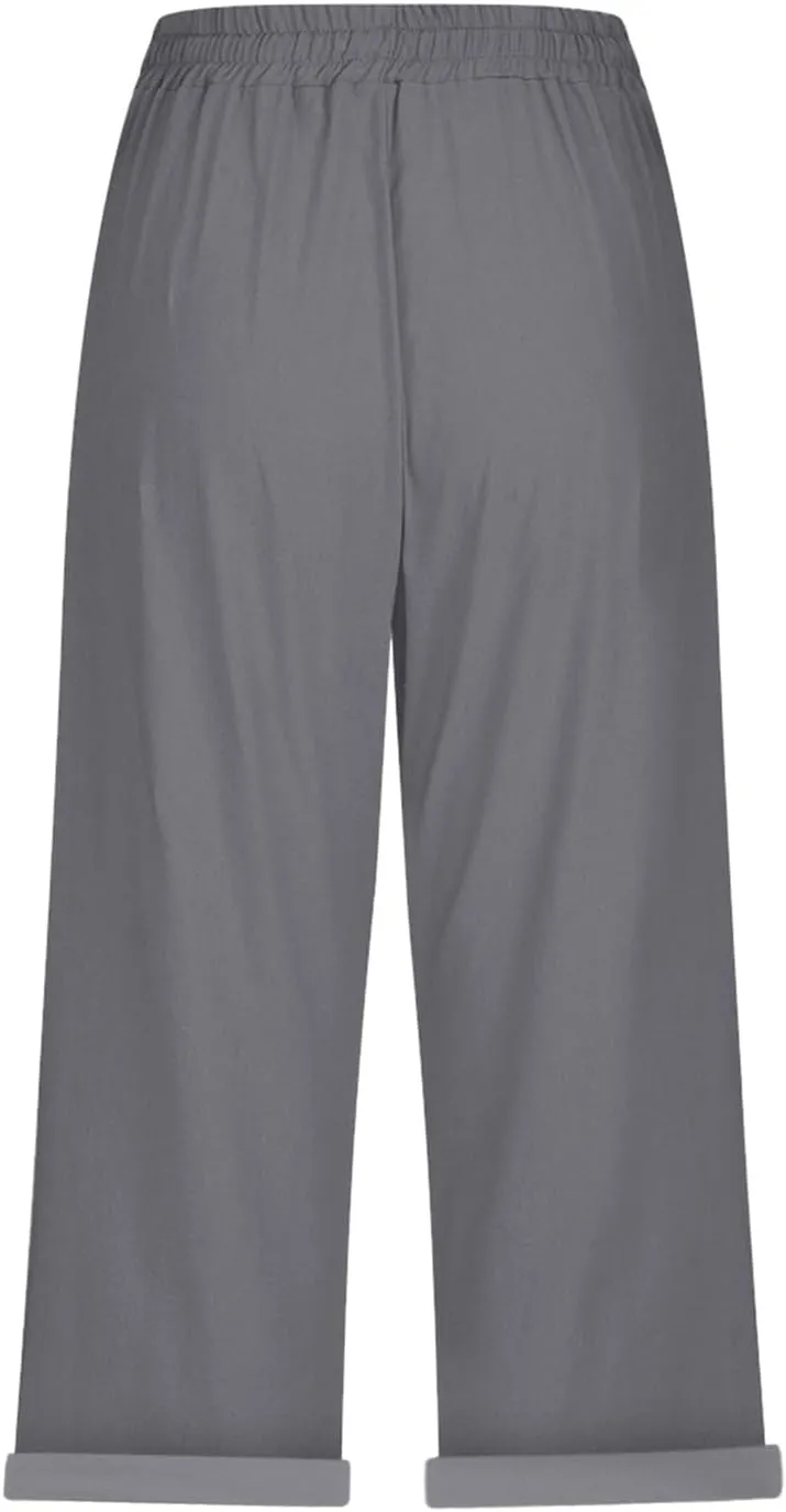 Capris Pants for Women Color Cotton Linen Elastic Seven Pants Beach Casual Pants Linen Baggy Comfort Trousers with