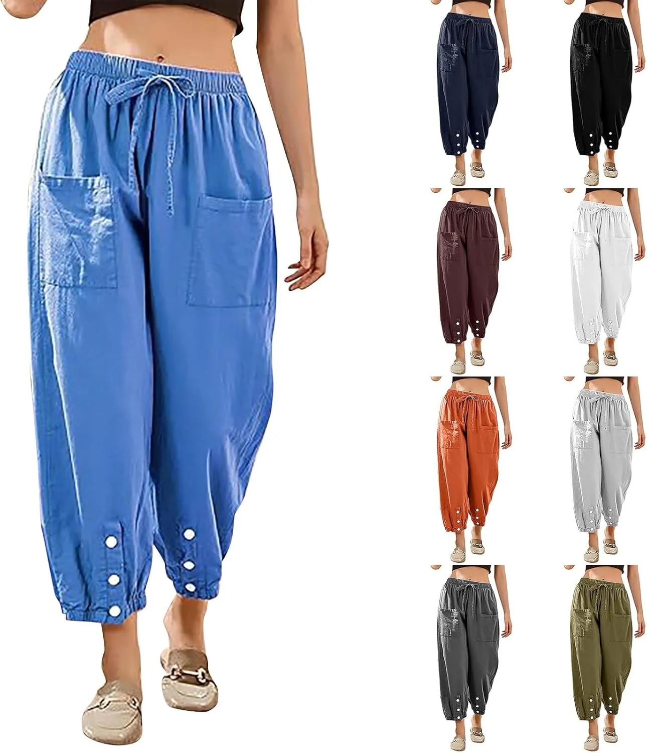 Casual Baggy Harem Pants for Women Elastic High Waisted Summer Lounge Trousers Lantern Barrel Pants with Front Pocket