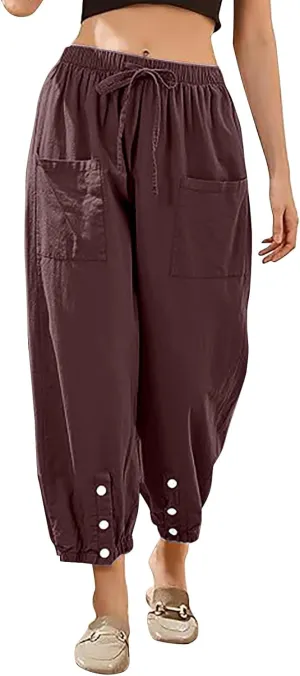 Casual Baggy Harem Pants for Women Elastic High Waisted Summer Lounge Trousers Lantern Barrel Pants with Front Pocket