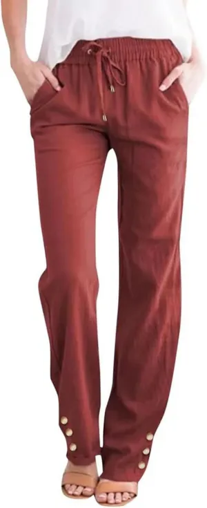 Casual Cotton Linen Pants for Women Summer Loose Fit Straight Leg Trousers Drawstring Elastic Waist Beach Pants