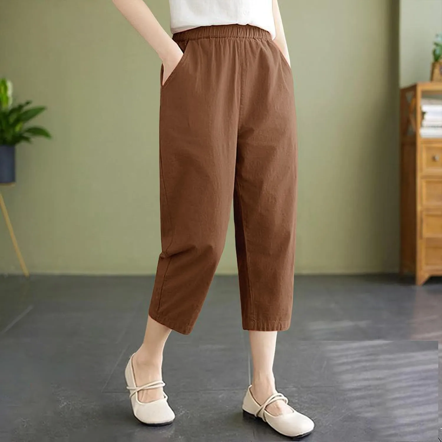 Casual Pants for Women 2025 Summer Linen Elastic Waist Capri Trousers Lightweight Breathable Hiking Pants with Pocket