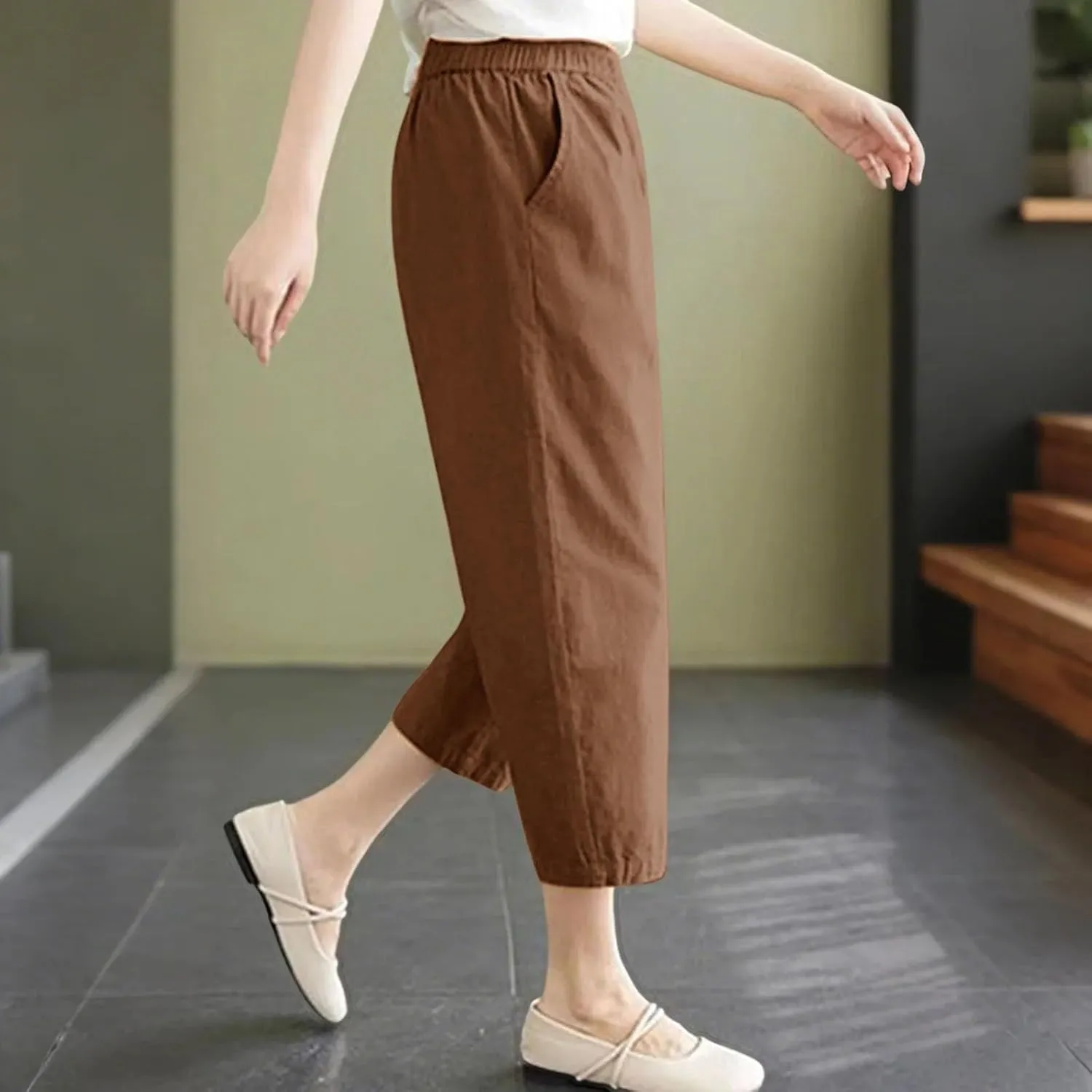 Casual Pants for Women 2025 Summer Linen Elastic Waist Capri Trousers Lightweight Breathable Hiking Pants with Pocket