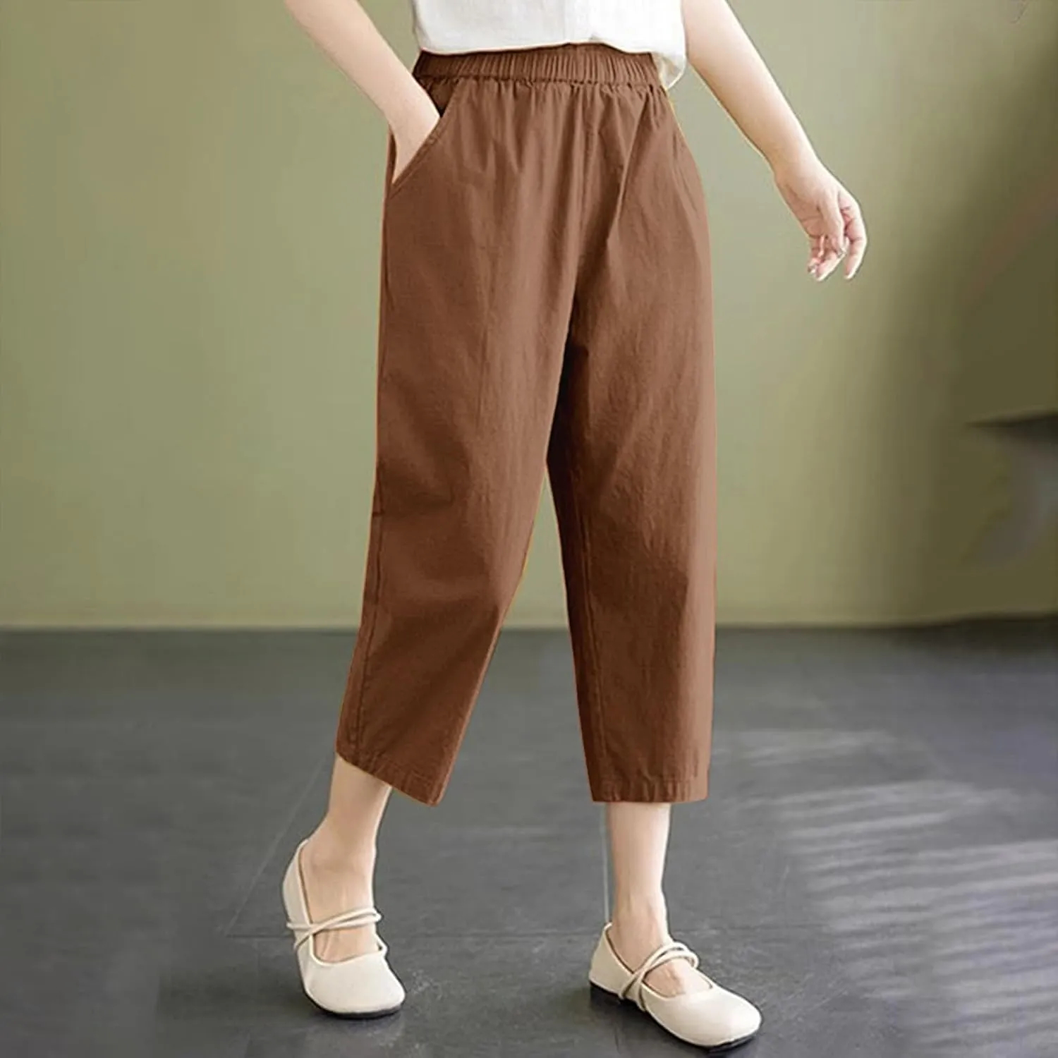 Casual Pants for Women 2025 Summer Linen Elastic Waist Capri Trousers Lightweight Breathable Hiking Pants with Pocket