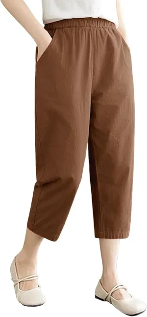 Casual Pants for Women 2025 Summer Linen Elastic Waist Capri Trousers Lightweight Breathable Hiking Pants with Pocket