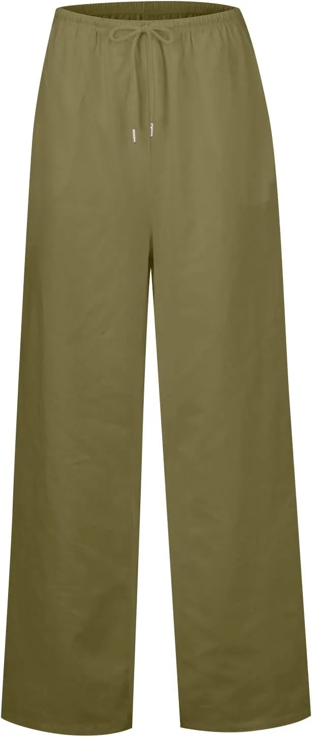 Casual Summer Linen Drawstring Long Pant for Women Lightweight High Waist Straight Wide Leg Solid Color Lounge Trousers