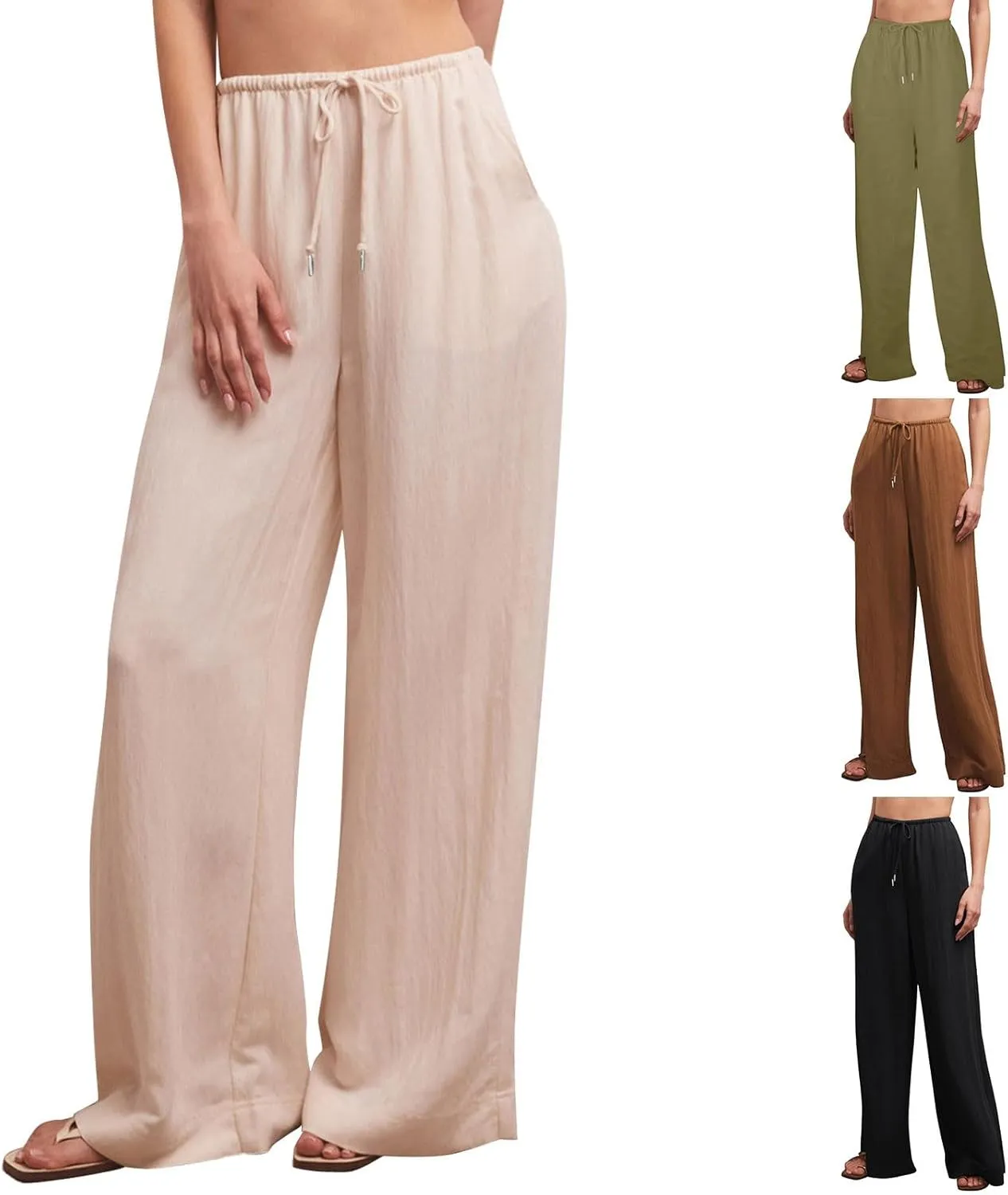 Casual Summer Linen Drawstring Long Pant for Women Lightweight High Waist Straight Wide Leg Solid Color Lounge Trousers