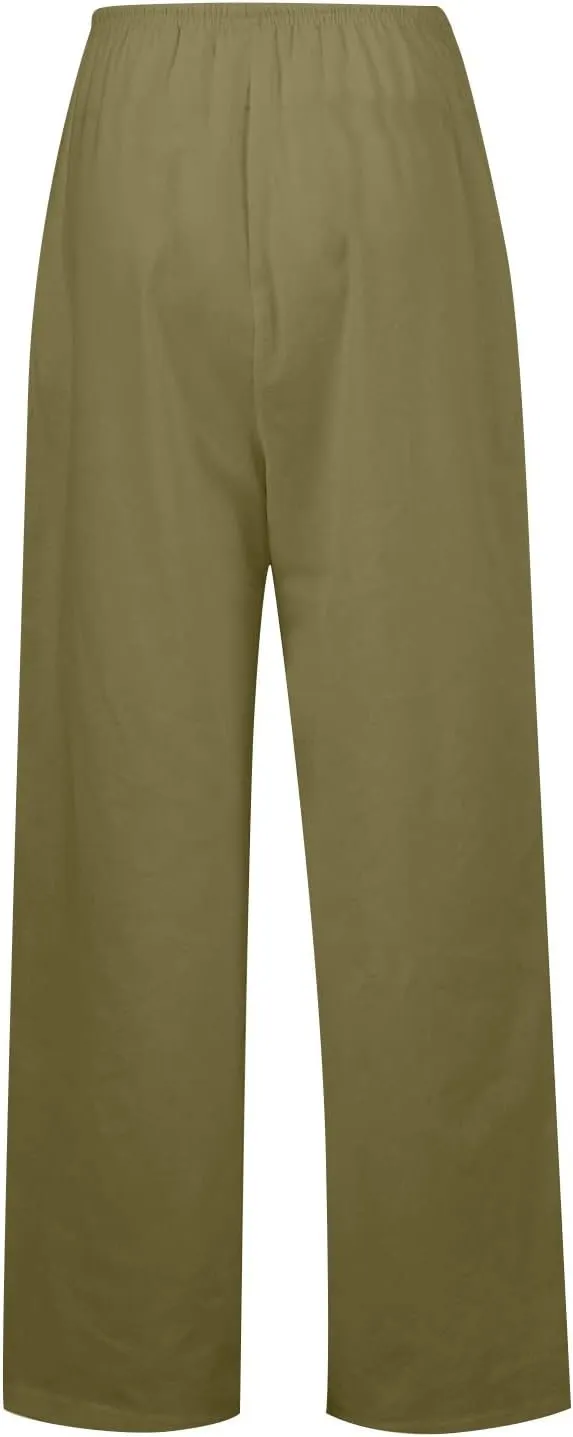 Casual Summer Linen Drawstring Long Pant for Women Lightweight High Waist Straight Wide Leg Solid Color Lounge Trousers