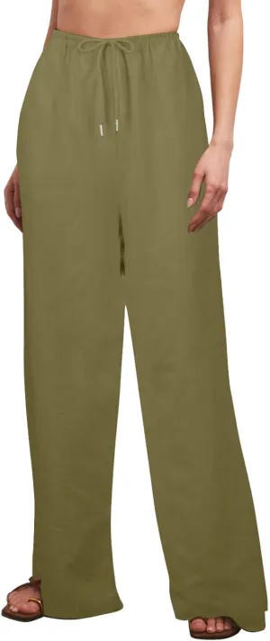 Casual Summer Linen Drawstring Long Pant for Women Lightweight High Waist Straight Wide Leg Solid Color Lounge Trousers