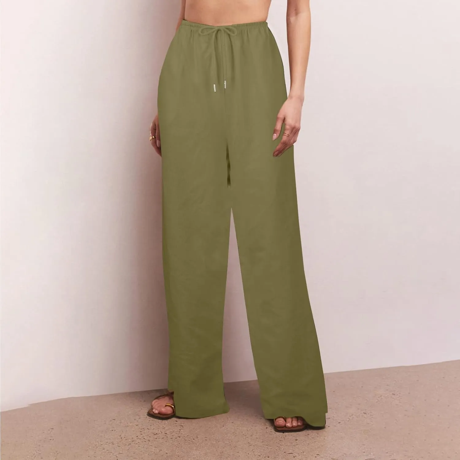 Casual Summer Linen Drawstring Long Pant for Women Lightweight High Waist Straight Wide Leg Solid Color Lounge Trousers