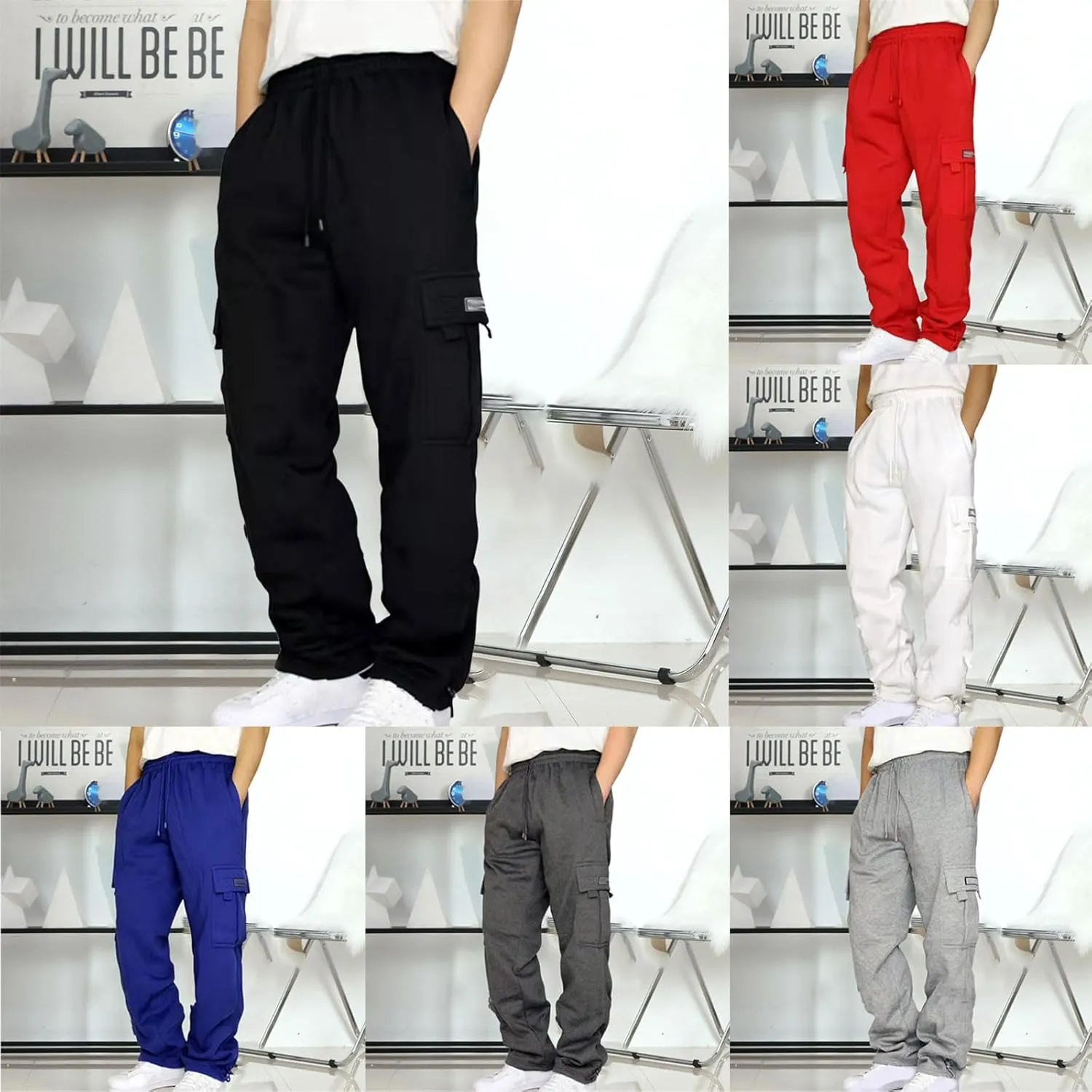 Cathalem Men's Fleece Cargo Sweatpants Open Bottom Drawstring Baggy Joggers Loose Fit Tech Athletic Workout Gym Pants