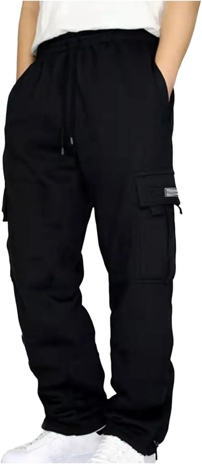 Cathalem Men's Fleece Cargo Sweatpants Open Bottom Drawstring Baggy Joggers Loose Fit Tech Athletic Workout Gym Pants
