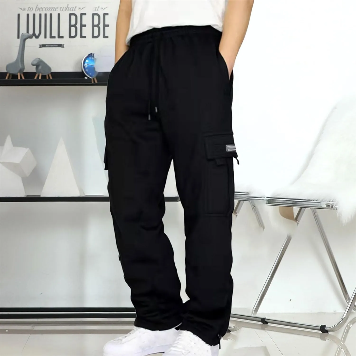 Cathalem Men's Fleece Cargo Sweatpants Open Bottom Drawstring Baggy Joggers Loose Fit Tech Athletic Workout Gym Pants