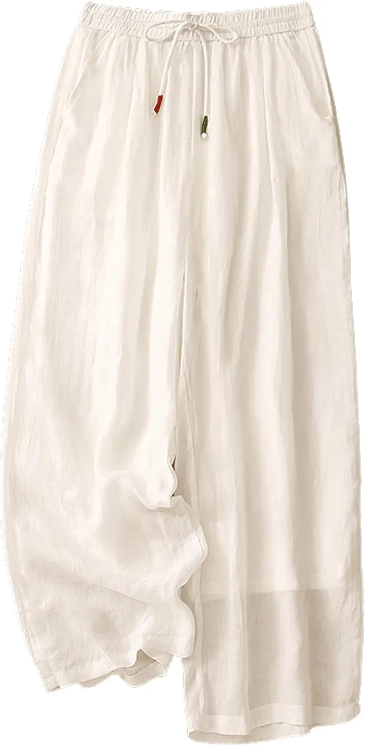 CHARTOU Women's Summer Cotton Linen Pant Drawstring Elastic High Waist Wide Leg Pants Layer Palazzo Trousers
