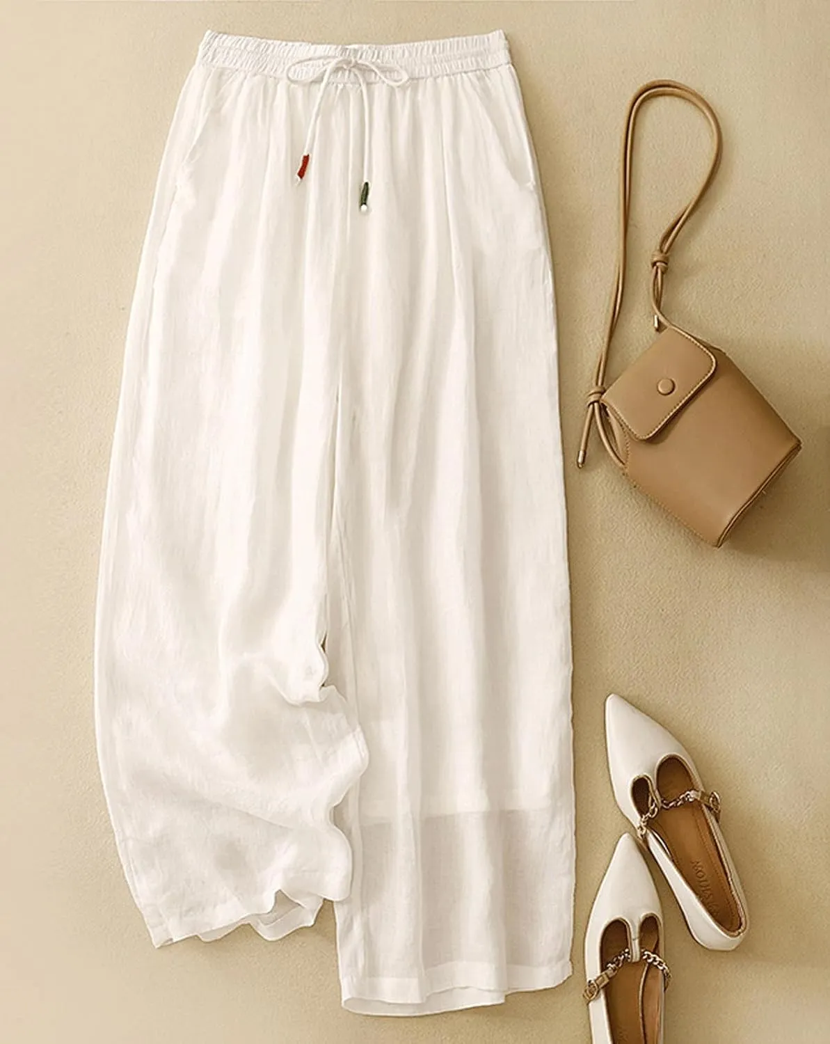 CHARTOU Women's Summer Cotton Linen Pant Drawstring Elastic High Waist Wide Leg Pants Layer Palazzo Trousers