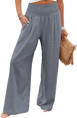 Chatinction Women Linen Palazzo Pants 2024 Summer Flowy Wide Leg High Waist Lounge Boho Pant Trousers Grey 2X-Large
