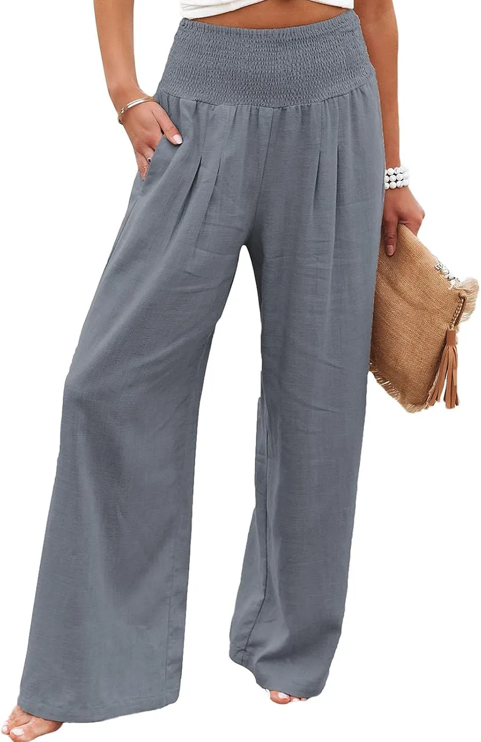 Chatinction Women Linen Palazzo Pants 2024 Summer Flowy Wide Leg High Waist Lounge Boho Pant Trousers Grey 2X-Large