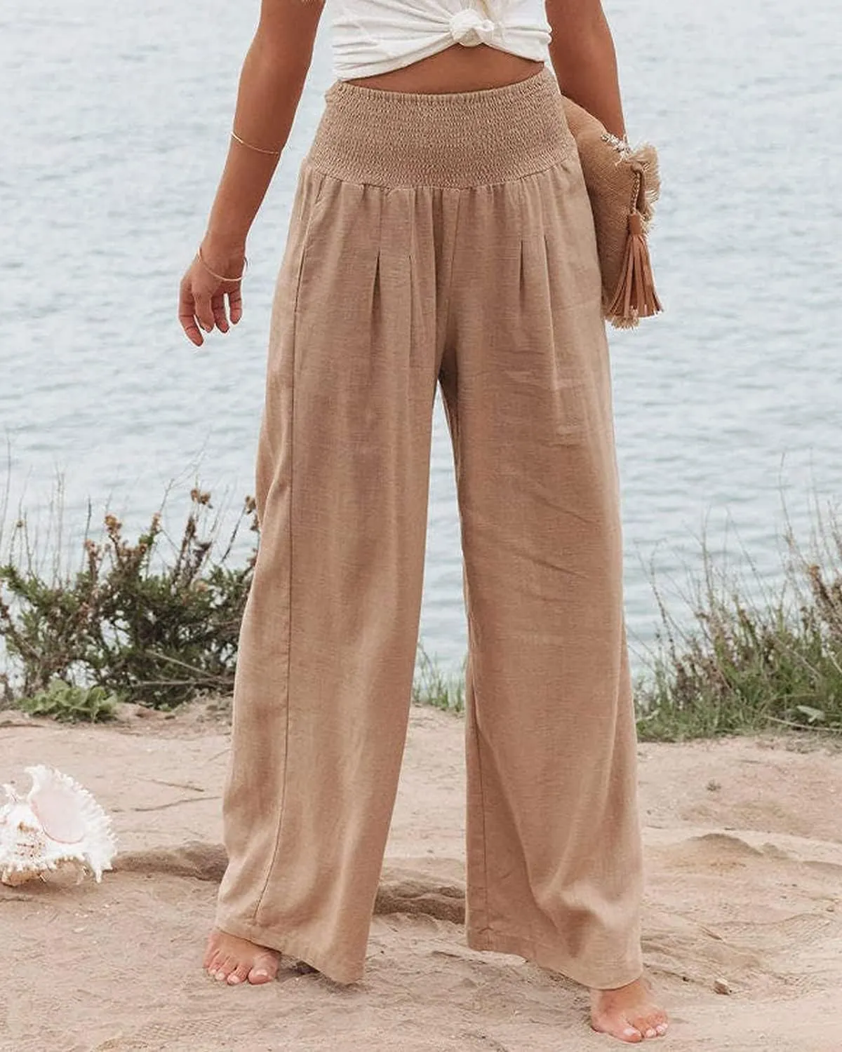 Chatinction Women Linen Palazzo Pants Flowy Wide Leg High Waist Lounge Boho Pant Trousers with Pockets