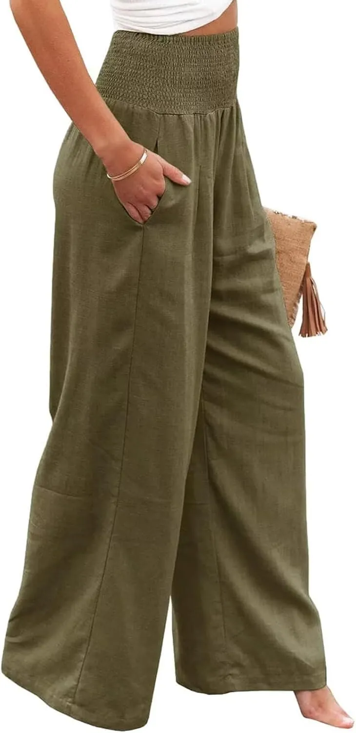 Chatinction Women Linen Palazzo Pants Flowy Wide Leg High Waist Lounge Boho Pant Trousers with Pockets