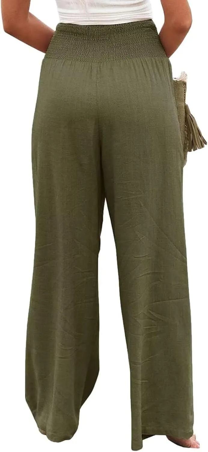 Chatinction Women Linen Palazzo Pants Flowy Wide Leg High Waist Lounge Boho Pant Trousers with Pockets